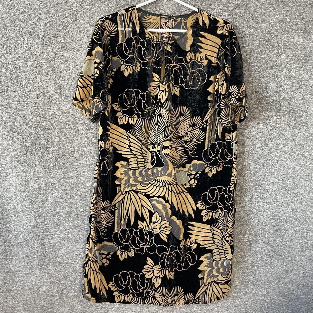 Johnny Was Modet Dress Womens‎ M Black Velvet Burnout Floral Bird Short